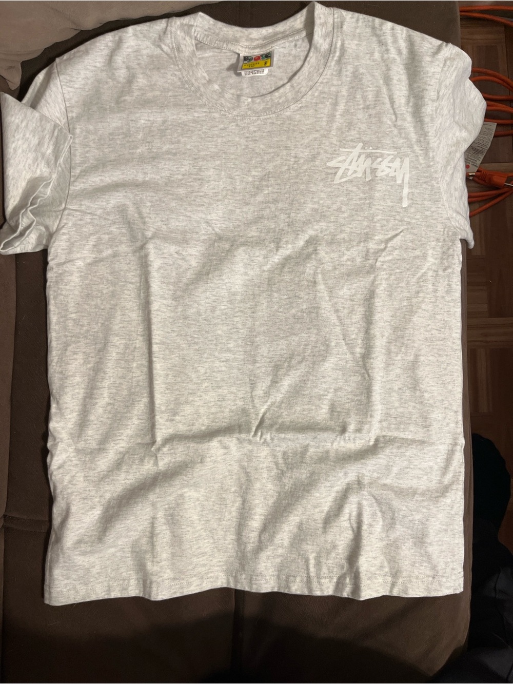 Stussy Light Heather Gray Tee with White Script Chest Logo
